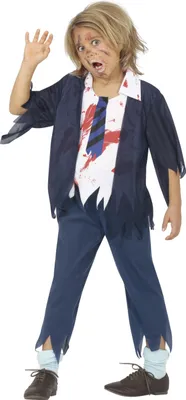 Productafbeelding van Zombie-leerling kostuum, Halloween, griezelkostuum voor kinderen, Halloweenfeest, maat: 128/134, kleur: blauw