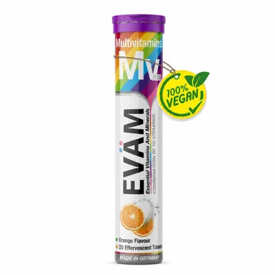 Produktbild von EVÄM Multivitamin Brausetabletten Orange mit 10 Vitaminen, jeweils 100% NRV pro Tagesportion. Vegan, fruchtiger Orangengeschmack,  Germany.