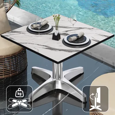 Produktbild von CPBL | Compact Loungetisch | B:T:H 60 x 60 x 42 cm | Weiß-Marmor / Aluminium | Klappbar | Zusatzgewicht | Bistro Loungetisch Gastro Tisch