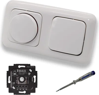 Produktbild von Busch Jäger 6523UR-103 LED Drehdimmer Dimmer + Dimmerscheibe 2115-214 und Lichttaster 2020 US in Reflex Si alpinweiß glänzend inklusive EBROM Phasenprüfer zur Montage der Geräte 6523 UR-103