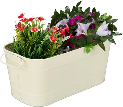 Image de Jardinière Relaxdays, pour le jardin, le balcon et le rebord de fenêtre, à planter, style vintage, en métal, dimensions : 16 x 38 x 19 cm, couleur crème