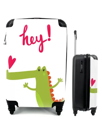 Produktbild von MuchoWow® Koffer Handgepäck Trolley Rollkoffer Kleine Reisekoffer mit 4 Rollen - Illustration eines Krokodils, eines Herzens und des Zitats "Hey!". - Cabin Size < 55x40x23 cm & 55x40x20 cm - Fotokoffer - Kabinenkoffer - Boardgepäck - Reise-Box - Reisekoffer - Reisegepäck - Koffer mit Bild - Trolley für Kinder