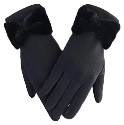 Produktbild von 1 Paar dicke, einfarbige Damenhandschuhe mit Schleifenverzierung, doppelseitiges Fleece, Touchscreen-geeignet, für Herbst und Winter