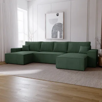 Produktbild von Ecksofa U Form mit Schlaffunktion Bergamo - Eckcouch 375 cm mit Bettkasten, Cordstoff Grün (Poso 14)