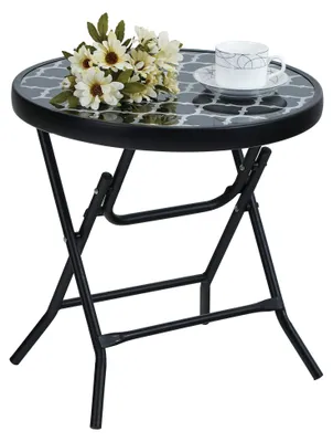 Produktbild von Runder, klappbarer Beistelltisch aus Metall und Glas, geeignet als Gartentisch, Couchtisch oder Balkontisch. Wetterfest und leicht zu reinigen.