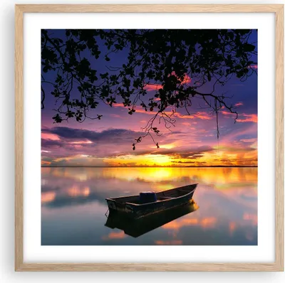 Produktbild von Gerahmtes Poster - Rahmen in heller Eiche - Boot Sonnenuntergang See Himmel - 50x50 cm - Wand Bild - Wanddeko - Wandbilder - Wandposter - Bilderrahmen - Bilder - Kunstdruck - P2NAC50x50-2967