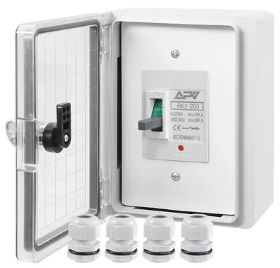 An open electrical enclosure with a circuit breaker and cable glands.