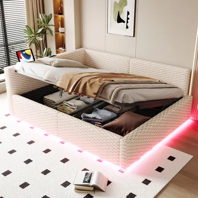 Productafbeelding van Boxspringbed 140 x 200 cm met LED-verlichting, 2 USB-poorten en een USB-C-poort, een L-vormig hoofdeinde, hydraulische opbergruimte, fluwelen bekleding, lattenbodem, beige