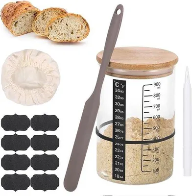 Produktbild von Famanu Zuurteig Starterset - 900 ml Glas mit Holzdeckel, Thermometerpapier, Etiketten und Spatel