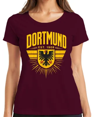 Immagine prodotto di T-shirt da donna, colore bordeaux, taglia L, con scritta "Dortmund Est 1909 Adler Wappen Ruhrpott Heimat Statement" (che potrebbe essere interpretata come un'affermazione sull'identità e l'orgoglio per la regione di Dortmund)