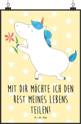 Produktbild von Mr. & Mrs. Panda Bild Einhorn Blume DIN A2 - Gelb Pastell - Geschenk, Pärchen, drucke, Liebe, Unicorn, kunstdruck poster, Wanddekoration, wanddeko, Einhörner, Freundin
