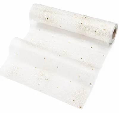 Produktbild von G.schmückt Tischläufer Organza transparent mit Goldakzenten, Deko Tischband zuschneidbar, festliche Tischdeko Weiß 12 Meter
