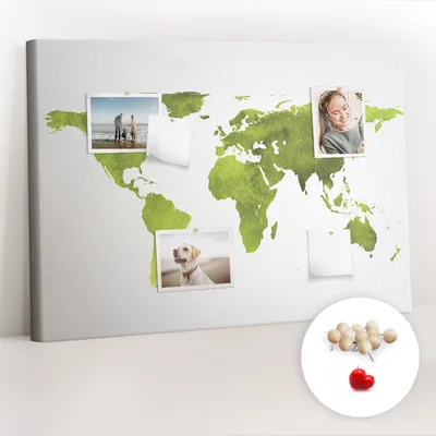 Obrázek produktu pro Korková nástěnka s kolíčky - Tabule s kolíky pro fotografie a poznámky - 100x70 cm - Připínáčky dřevěné 100 kusů - Akvarelová mapa světa