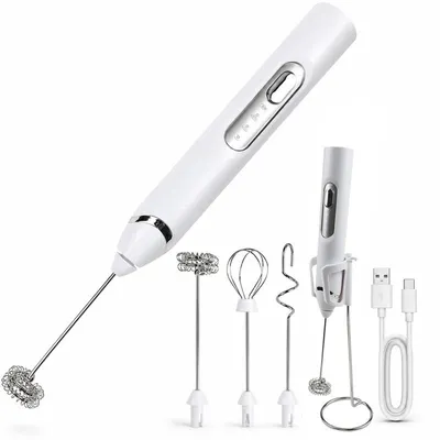 Produktbild von Milchaufschäumer Stab wiederaufladbar – 3 Geschwindigkeiten, 3 Aufsätze, Ständer | USB-C für Latte, Cappuccino & Matcha