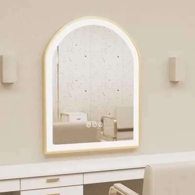 Produktbild von Vrygle Bogen Badspiegel 90x60 cm mit LED Beleuchtung, Antibeschlag, Metallrahmen Matt Gold, Touchschalter, Wandspiegel Badezimmer