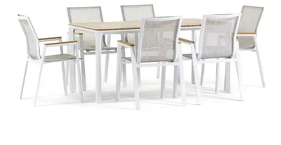 Produktbild von Garten Essgruppe mit rechteckigem Tisch 160x90 cm aus Aluminium und Polywood mit 6 stapelbaren Stühlen aus Textilene für Terrasse, Veranda, Garten - Noè + Deva