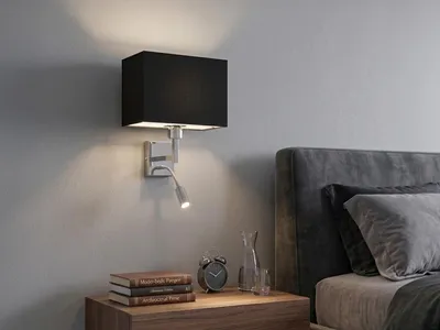 Produktbild von Wand-Leuchte Stoff Schwarz mit LED Leselampe für Bett, Nachttischlampe Bettlampe