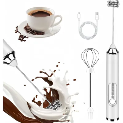 Produktbild von Milchaufschäumer Elektrisch 3 Gänge, USB Wiederaufladbar ​Milchschäumer mit 2 Gerätekopf, geeignet für Kaffee,Cappuccino, Milchkaffee, weiß