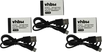 Produktbild von vhbw 3x Akku kompatibel mit Canon EOS 8000D, 800D, 250D, 77D, Kiss X10, 770D, 750D, 850D, 200D, 760D Kamera (1000 mAh, 7,4 V, Li-Ion), USB-C Buchse