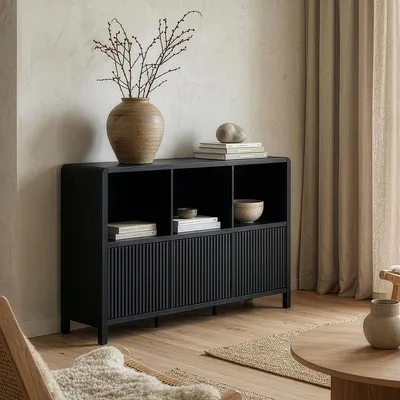 Obrázok produktu pre Komoda "Lukkodso" s 3 dvierkami a 6 priehradkami, rozmer 77 x 110 x 30 cm, čierna s textúrou imitujúcou drevo