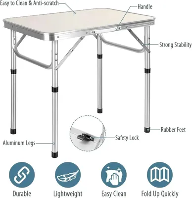 Immagine prodotto di Tavolo pieghevole – Tavolo da picnic e da campeggio per esterni – 75 x 55 cm – Altezza regolabile da 33 a 70 cm – Struttura in metallo – Rettangolare – Stabile