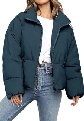 Produktbild von ASKSA Damen Daunenjacke Dicke Warm Kurz Steppjacke Winterjacke Reissverschluss Puffer Jacke Rollkragen Einfarbig Wintermantel Outdoor Daunenmantel (Pfauenblau,M)