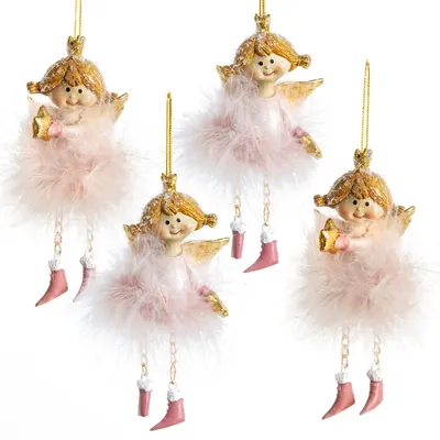 4 Engelhänger mit rosa Federkleid, goldener Krone, 12 cm