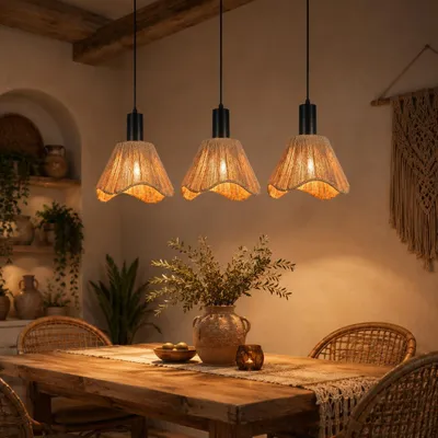 3-flammige Rattan-Hängelampe, Boho-Stil, Hanfseil, E27