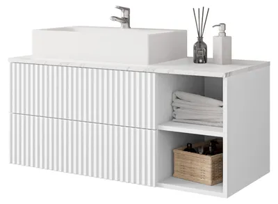 Produktbild von MIRJAN24 Waschbeckenschrank Kertos Rillen mit Waschbecken, mit Siphon, mit zwei Schubladen (Farbe: Weiß / Weiß + Marmor Bianco), KI-generiertes Bild