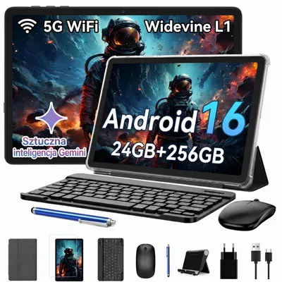 Zdjęcie produktu dla Tablet KINGRID Android 16 z klawiaturą, 24 (8+16) GB RAM + 256 GB ROM (2 TB TF), 10-calowy tablet do gier, 5000 mAh, Gemini AI, Widevine L1, 5G-WiFi, Face ID