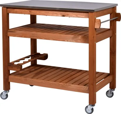 Produktbild von Rollbarer Beistellwagen Grilltisch mit Ablage und Edelstahlplatte für draußen, 94 x 58 x 90 cm, Kiefer
