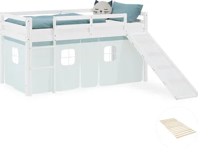 Image de Lit superposé 90x200 cm avec Toboggan Sommier Lit mezzanine en Bois Pin Massif Lit d'enfant Cadre de Lit Rideau Vert