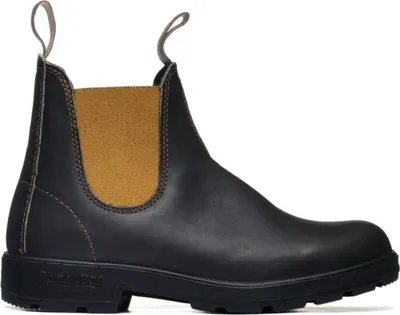 A single brown leather boot with tan elastic sides is shown against a white background.
