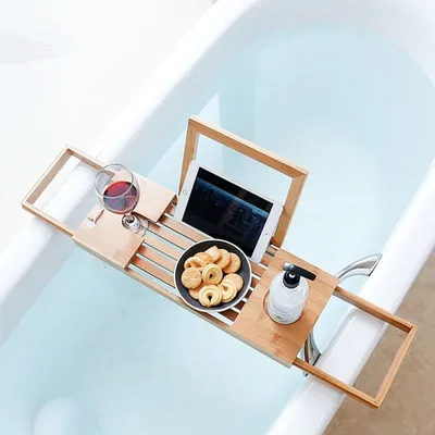 Produktbild von Decopatent® Universal-Badwannenablage, lässt sich von 50cm -> 93 cm verstellen - Ausgestattet mit Buchhalterung - Tablet-Halter - Bambus - Holz - Badewannenablage