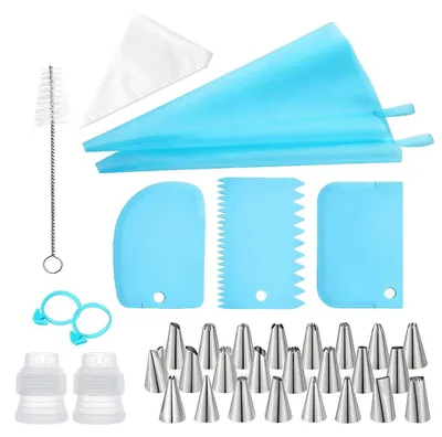 Image de Kit de douilles de décoration 133 pièces : poche à douille en silicone avec 24 douilles en acier inoxydable, couleur bleue, pour gâteaux et pâtisseries