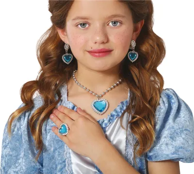 Image de Princesse Carnaval Ensemble de bijoux en forme de cœur Collier Boucles d'oreilles Bague Médiévale Reine de conte de fées Accessoire Fantasy Costume Carnaval Fantaisie Set de bijoux, couleur : bleu