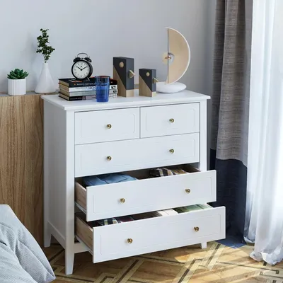 Zdjęcie produktu dla Komoda do sypialni, pojemna szafka z 5 szufladami, o nowoczesnym designie, w kolorze białym