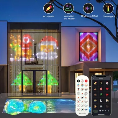 Produktbild von LED Lichterkette Vorhang Smart RGB Lichterkettenvorhang Programmierbar Lichtervorhang DIY Text Musik mit APP Steuerung Fernbedienung IP65 Wasserdicht