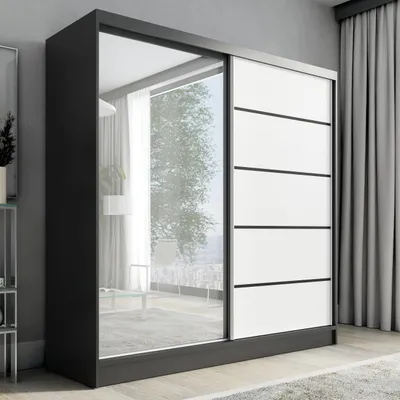 Produktbild von Schwebetürenschrank, 2-türig Schrank mit Spiegel KARO 2 200 cm (Schwarz , Weiß)