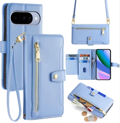 Produktbild von Handykette Google Pixel 10 / 10 Pro Hülle mit Band Handyhülle Kartenfächer Kunstleder Umhängetasche in Hellblau