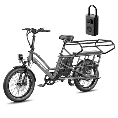 Produktbild von FAFREES FF20 CUV Familien-Longtail E-Cargo-Bike – Modulares E-Bike mit Dual-Akku & 200 kg Traglast Grau+Mijia Luftpumpe 2nd+Kindersitze