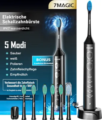 Produktbild von 7MAGIC Elektrische Zahnbürste, Schallzahnbürste mit 60 Tage Akkulaufzeit, 5 Putzmodi Zahnbürste Elektrisch IPX7 Sonic Electric Toothbrush mit 6 Bürstenköpfe, Timer, schwarz