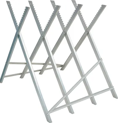 A silver metal sawhorse is shown against a white background.