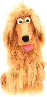 A plush dog puppet with shaggy brown fur and large eyes, with its pink tongue sticking out.