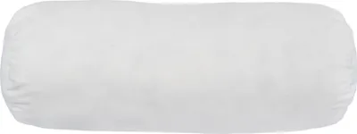 A white bolster pillow is shown against a white background.