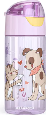 Produktbild von Trinkflasche Kinder 450ml, leichte Tritan Wasserflasche, BPA frei, auslaufsicher, Kohlensäure geeignet, spülmaschinenfest - Hund & Katze pink