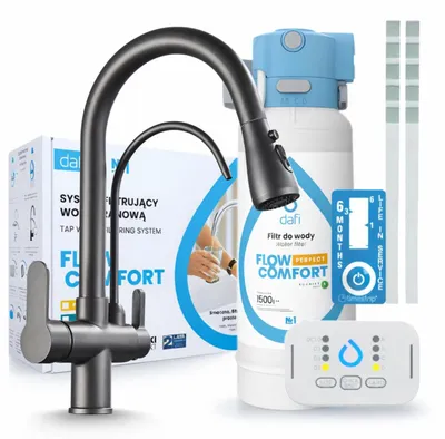 Produktbild von Ari 3-Wege-Küchenarmatur Nordic, Graphit, Ausziehbare Spültischarmatur Im Set Mit Dafi D1 Wasserfiltersystem, Untertischanlage