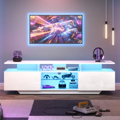 Immagine prodotto di Mobile TV da 160 cm di larghezza, mobile TV bianco con illuminazione LED, dotato di due vani e otto ripiani, adatto per televisori da 70 pollici