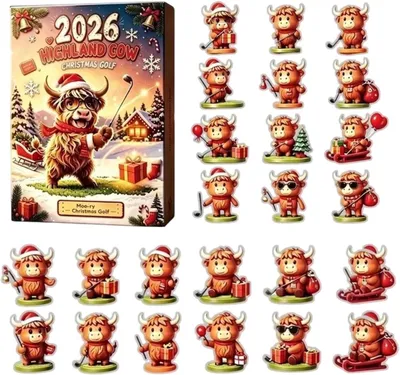 Produktbild von Highland Cow Golf-Adventskalender 2026, 24 Mini-2D-Acryl-Rinderfiguren, für Weihnachtsdekoration, Heimdekoration & Festgeschenk