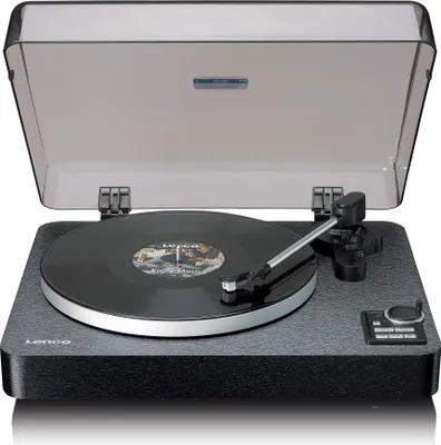 A black Lenco turntable with a record on it, shown from a slightly elevated front-left angle on a white background.